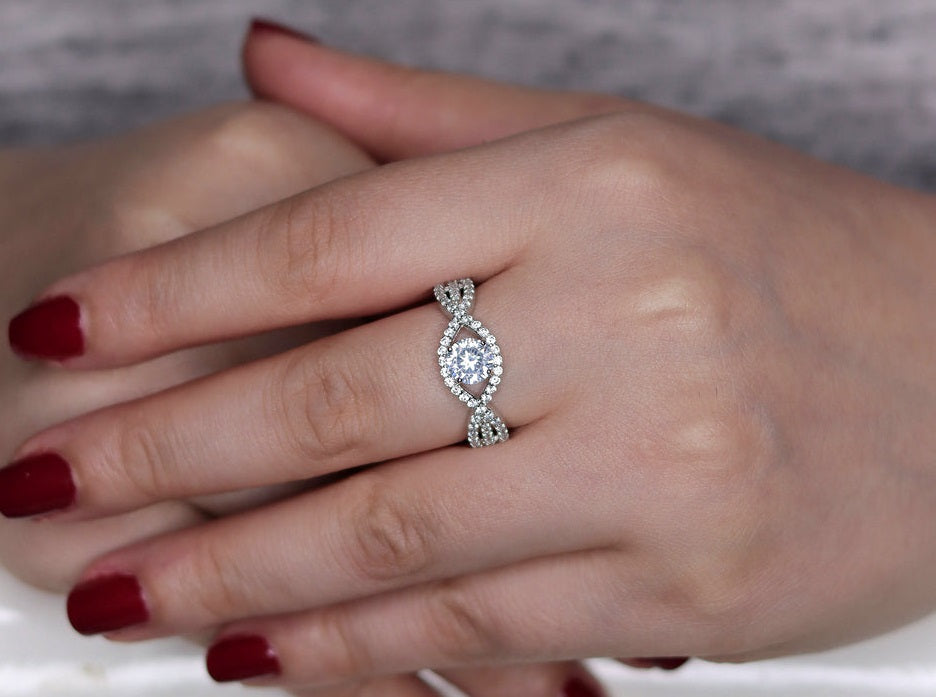 Round CZ Pave Twisted Shank Sterling Silver Ring