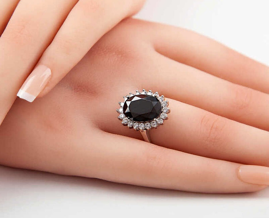 Oval Onyx Halo Zircon Sterling Silver Ring