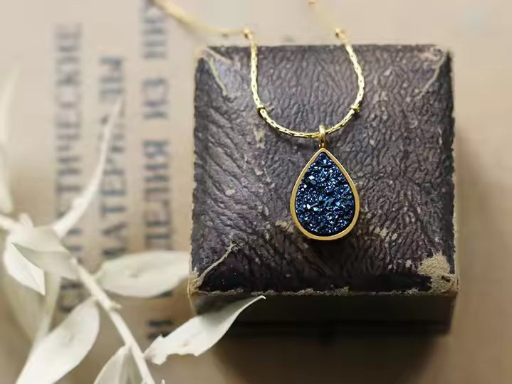Teardrop Crushed Blue Crystal Stainless Steel Necklace