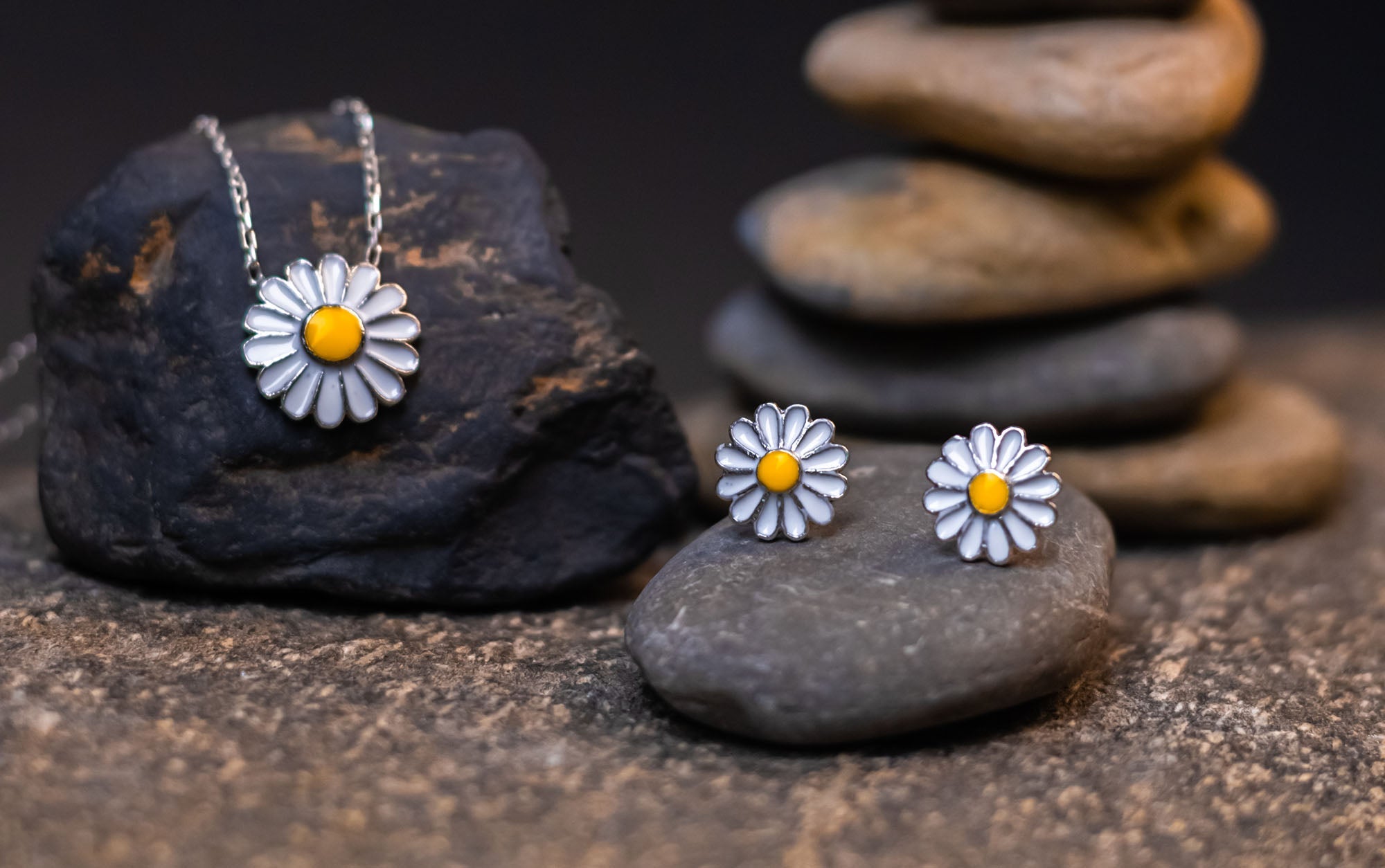 Enamel Daisy Slower Sterling Silver Jewelry Set