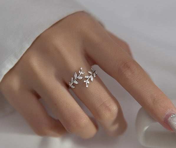 Adjustable CZ Leaf Ring for Women Stainless Steel