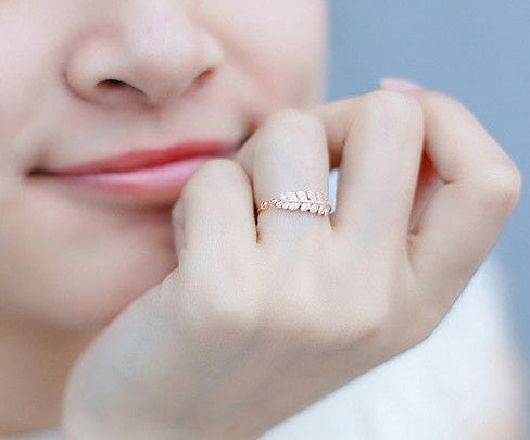 Adjustable Sterling Silver CZ Leaf Ring