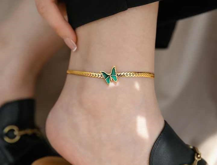 Gold Plated Green Butterfly Stainless Steel Anklet