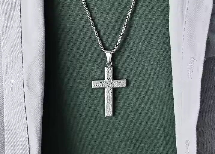 Hammered Stainless Steel Cross Necklace For Men