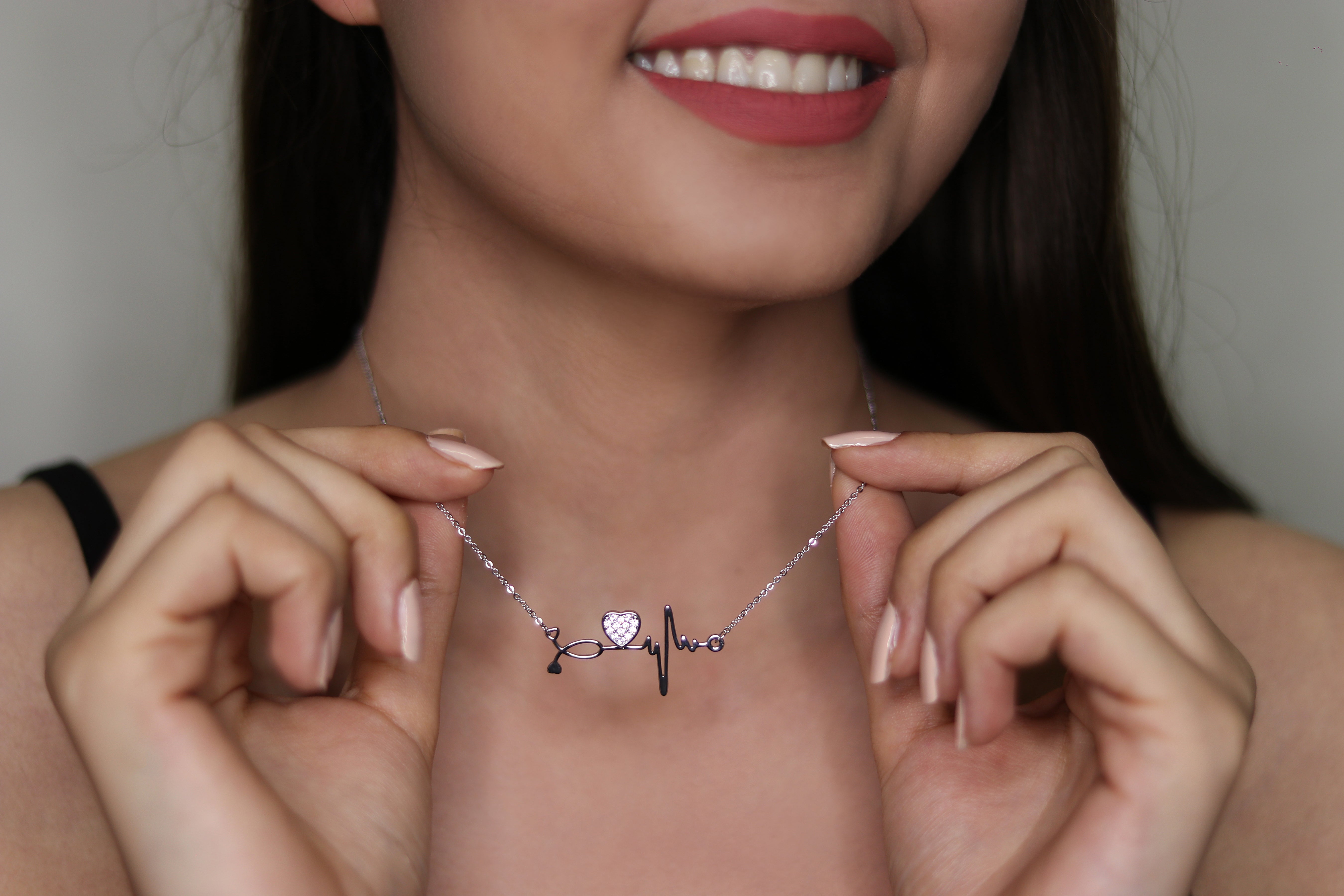 Pave CZ Heart And Heartbeat Necklace Rose Gold Yellow Gold Rhodium