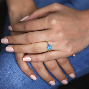 Round Fire Opal/Larimar Crown Beaded Sterling Silver Ring