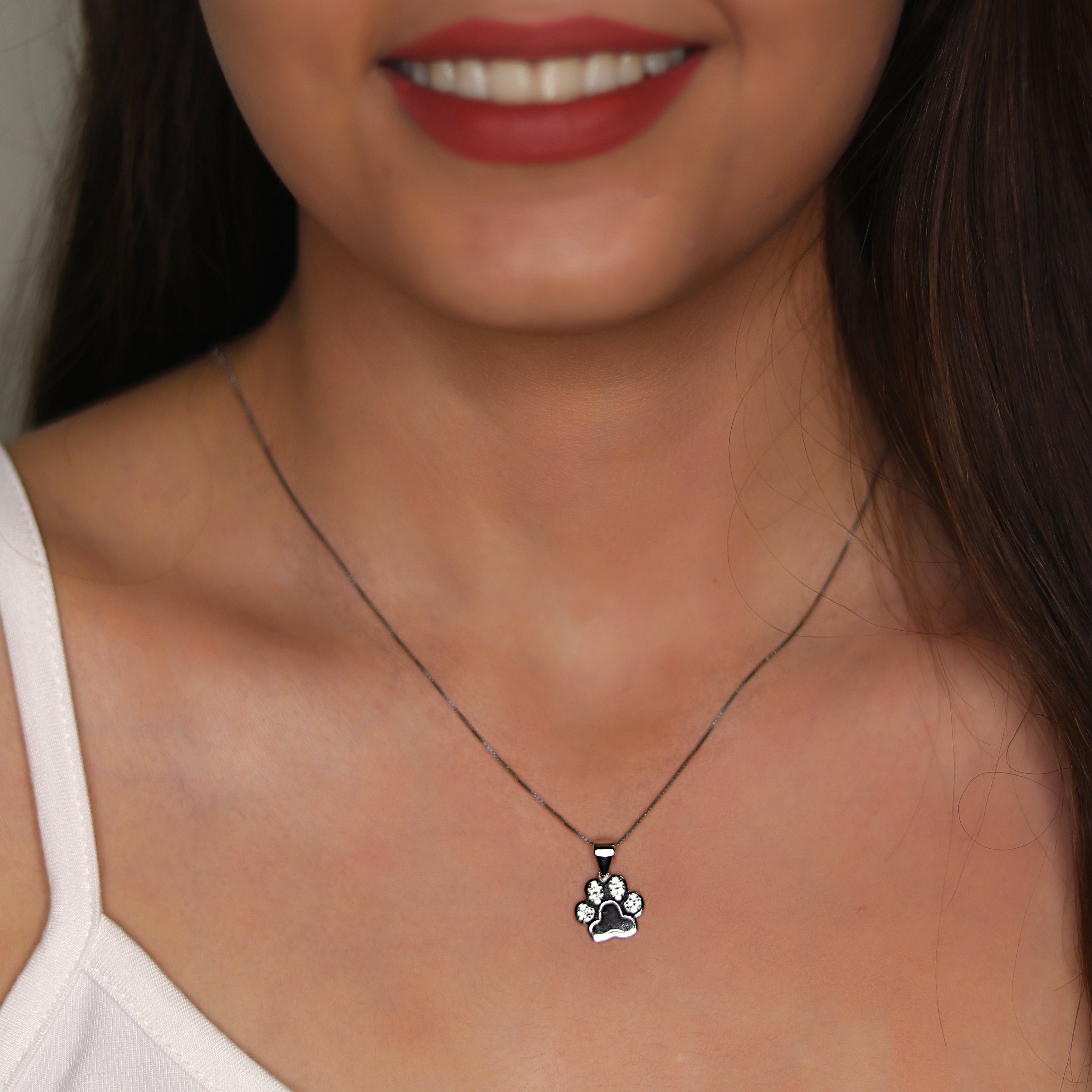 Pave CZ Dog Paw Sterling Silver Necklace