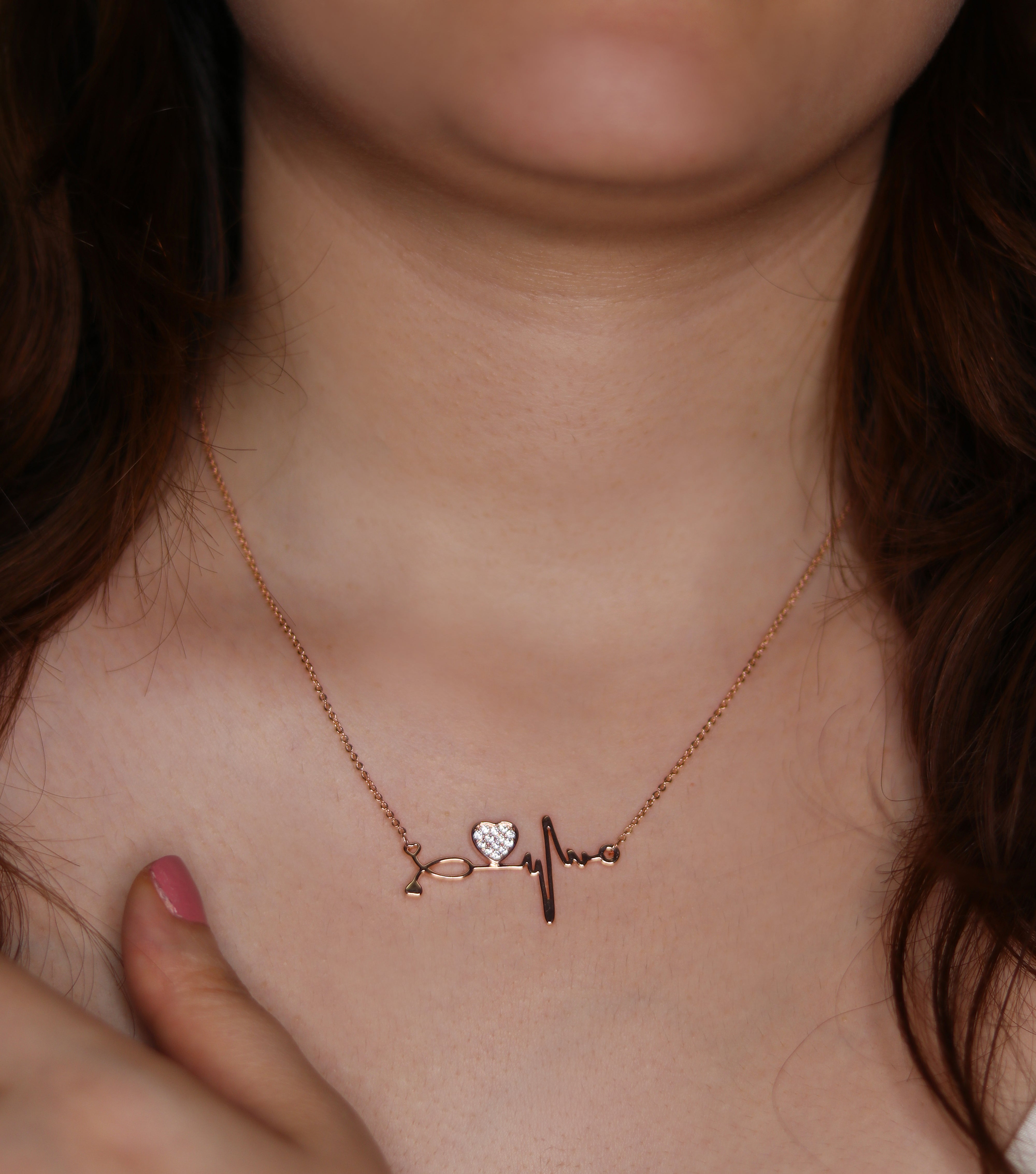 Pave CZ Heart And Heartbeat Necklace Rose Gold Yellow Gold Rhodium