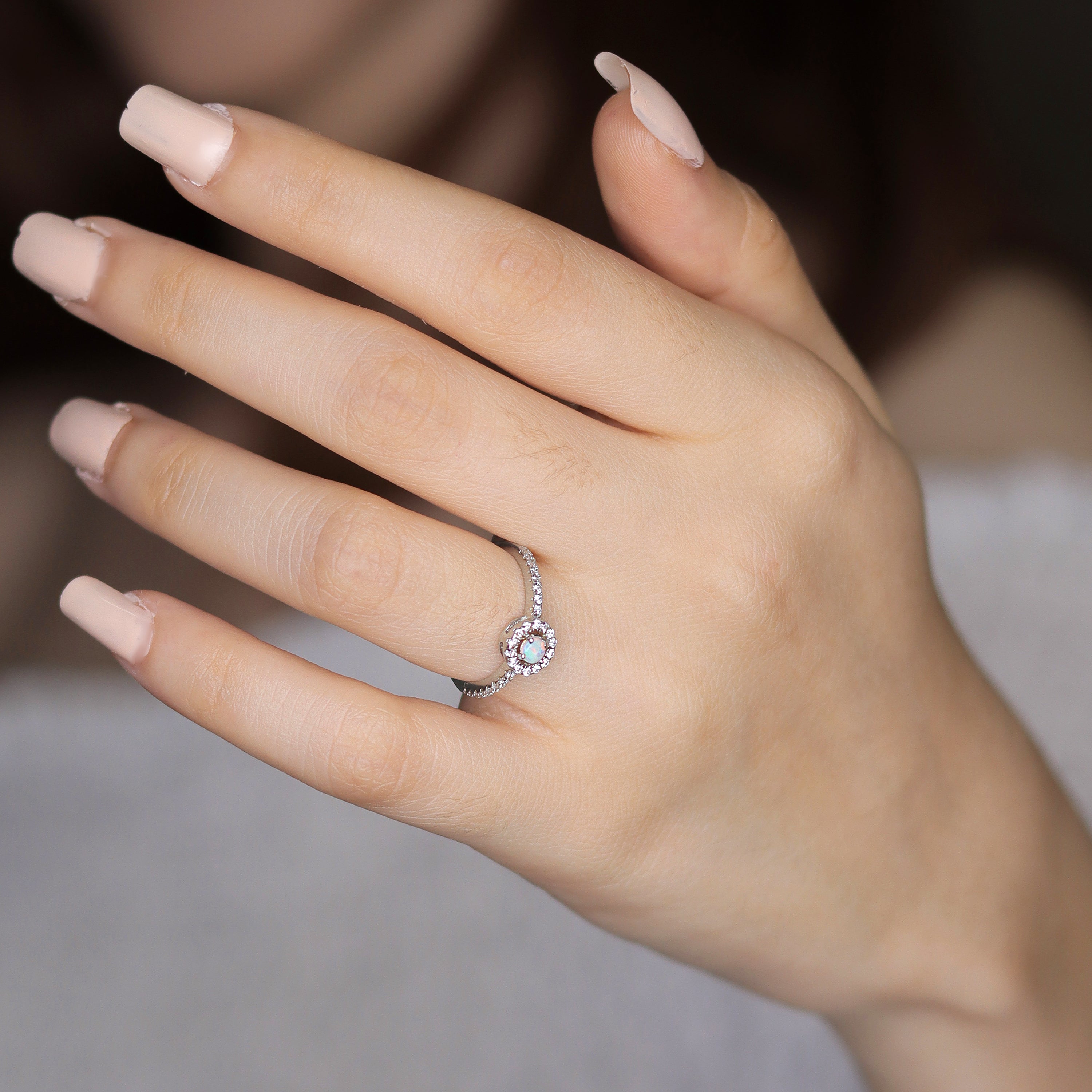 Round Fire Opal/Larimar Halo CZ Sterling Silver Ring