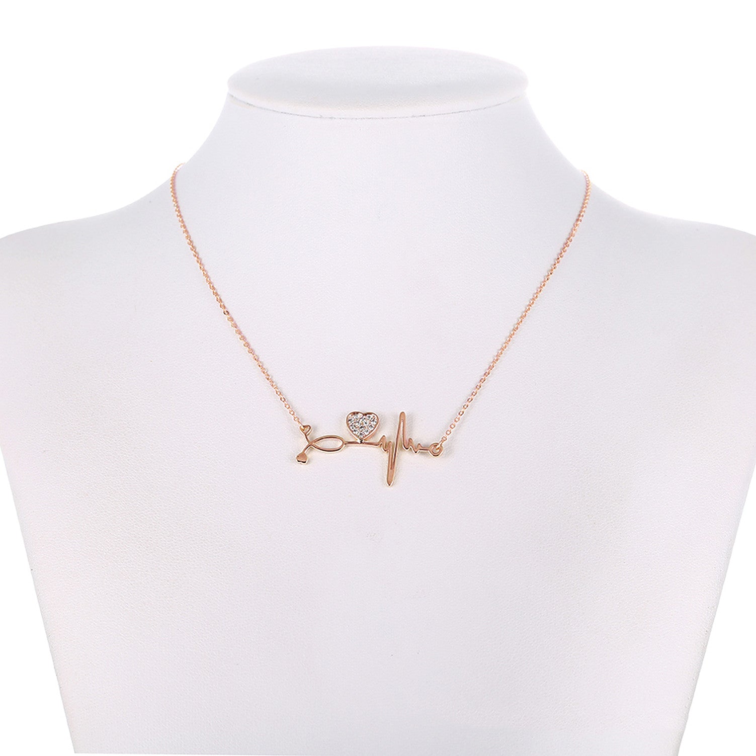 Pave CZ Heart And Heartbeat Necklace Rose Gold Yellow Gold Rhodium
