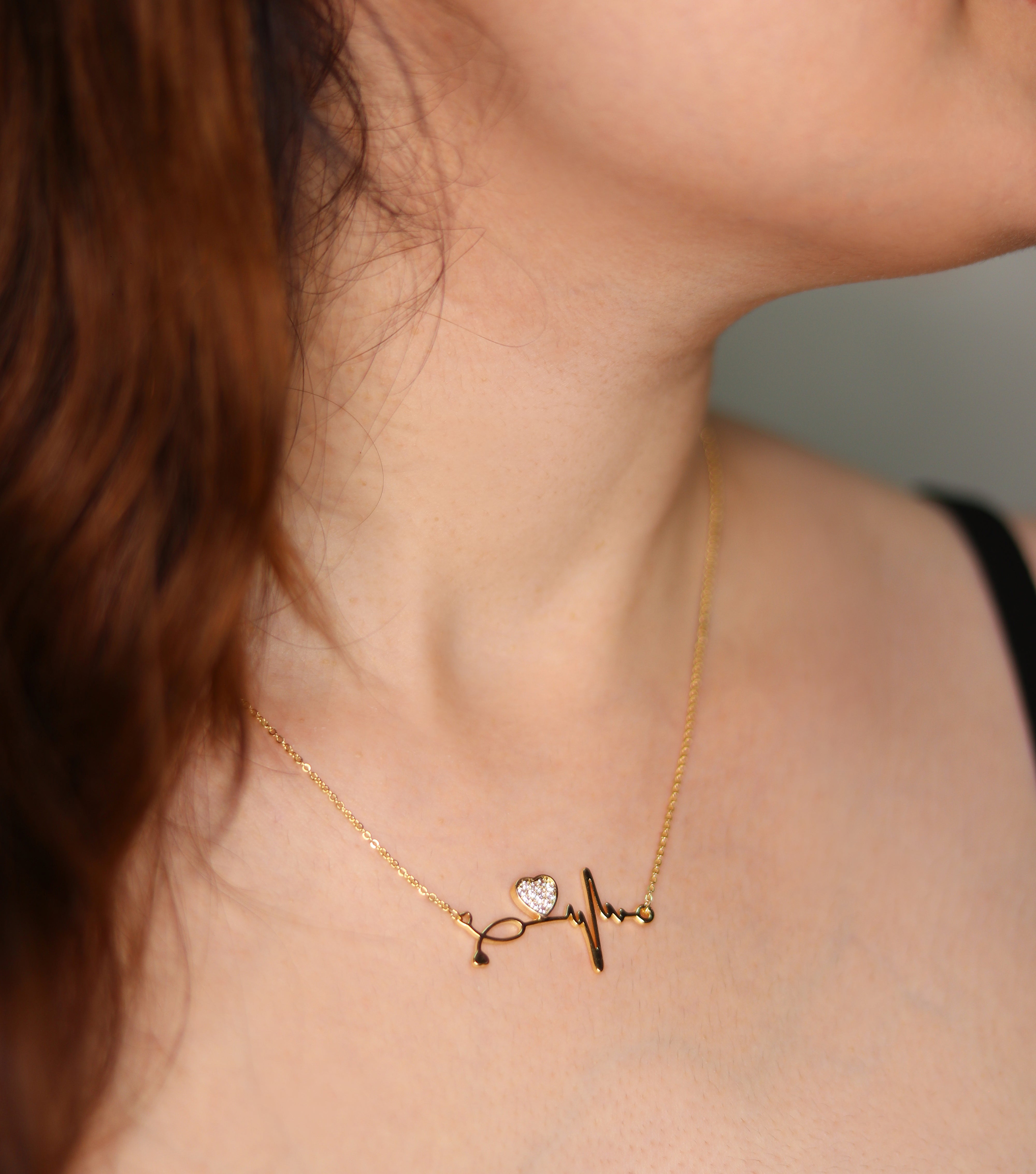Pave CZ Heart And Heartbeat Necklace Rose Gold Yellow Gold Rhodium