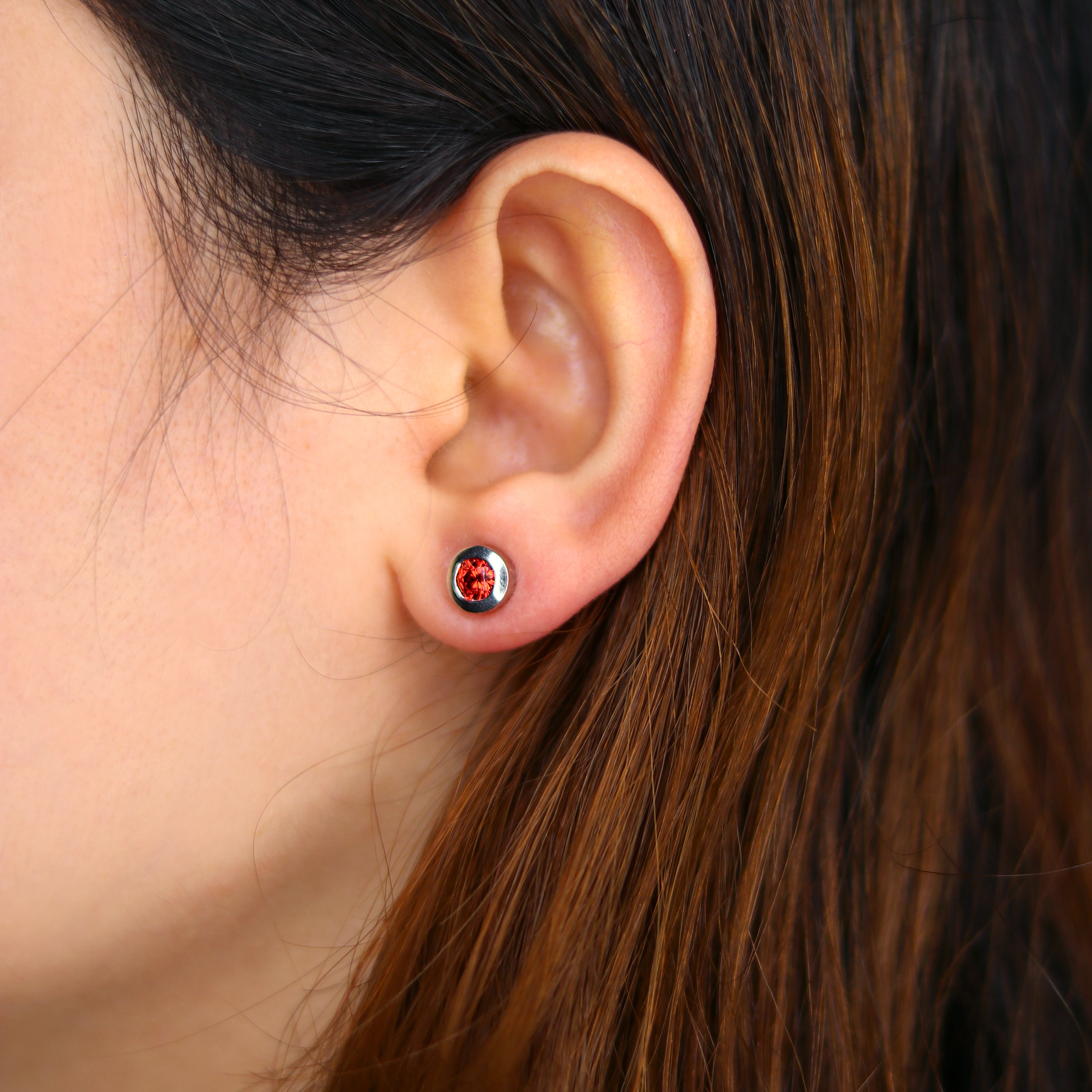 Round Ruby Bezel CZ Sterling Silver Stud Earrings
