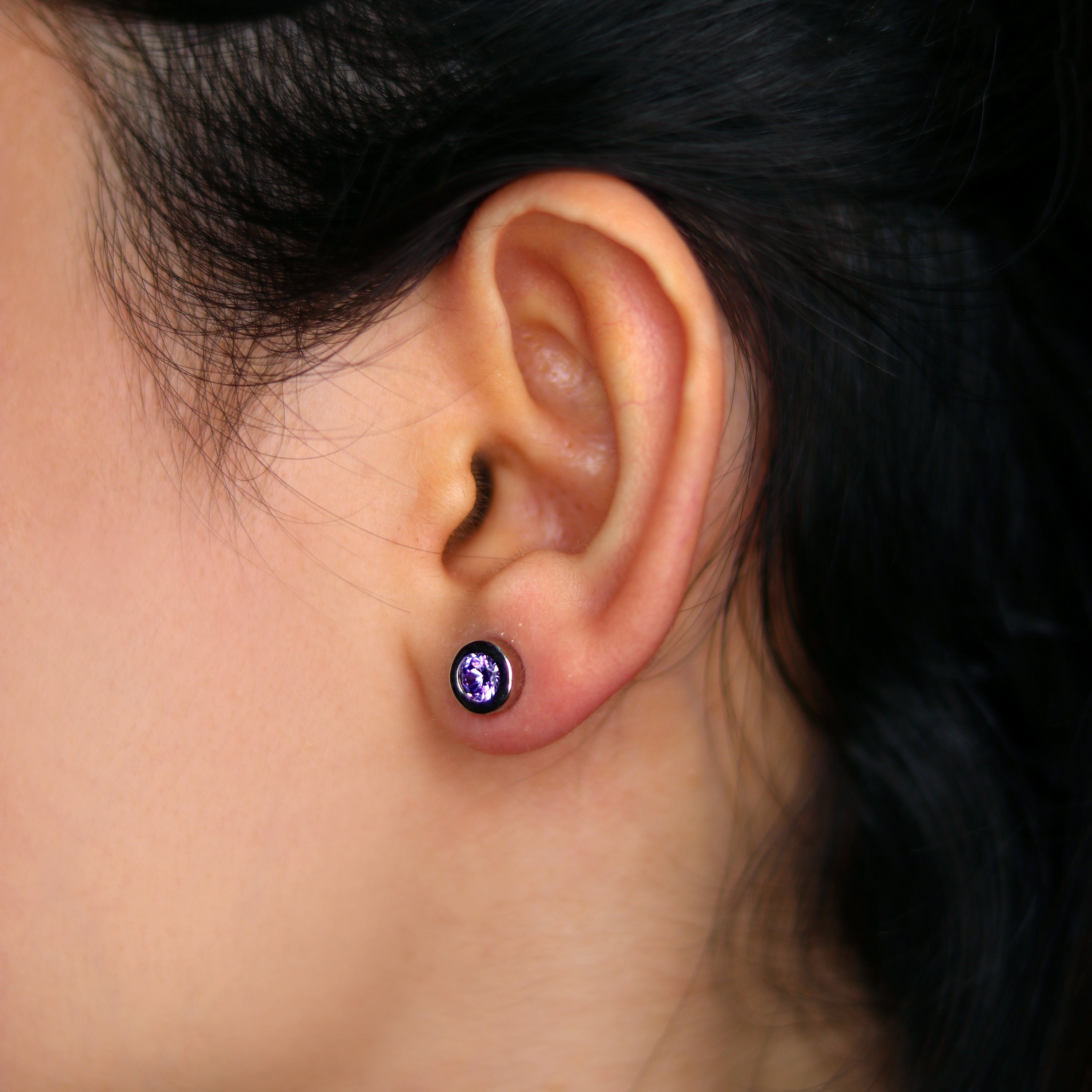 Round Amethyst Bezel CZ Sterling Silver Stud Earrings