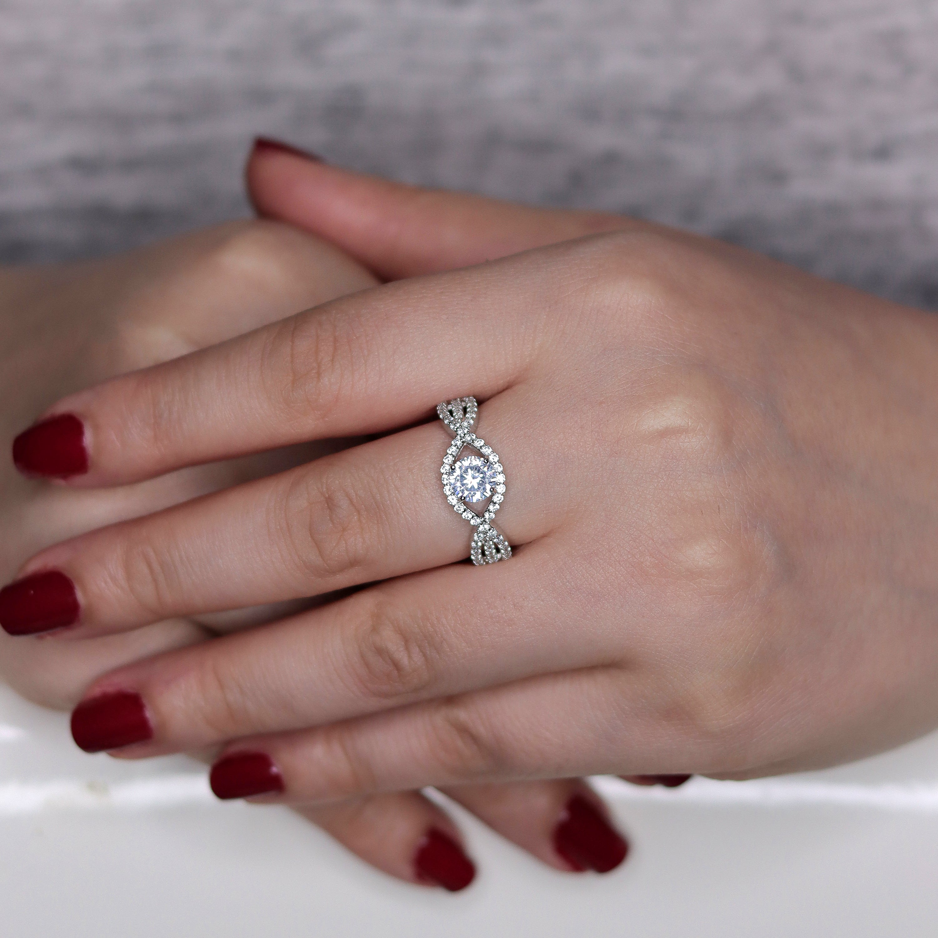Round CZ Pave Twisted Shank Sterling Silver Ring