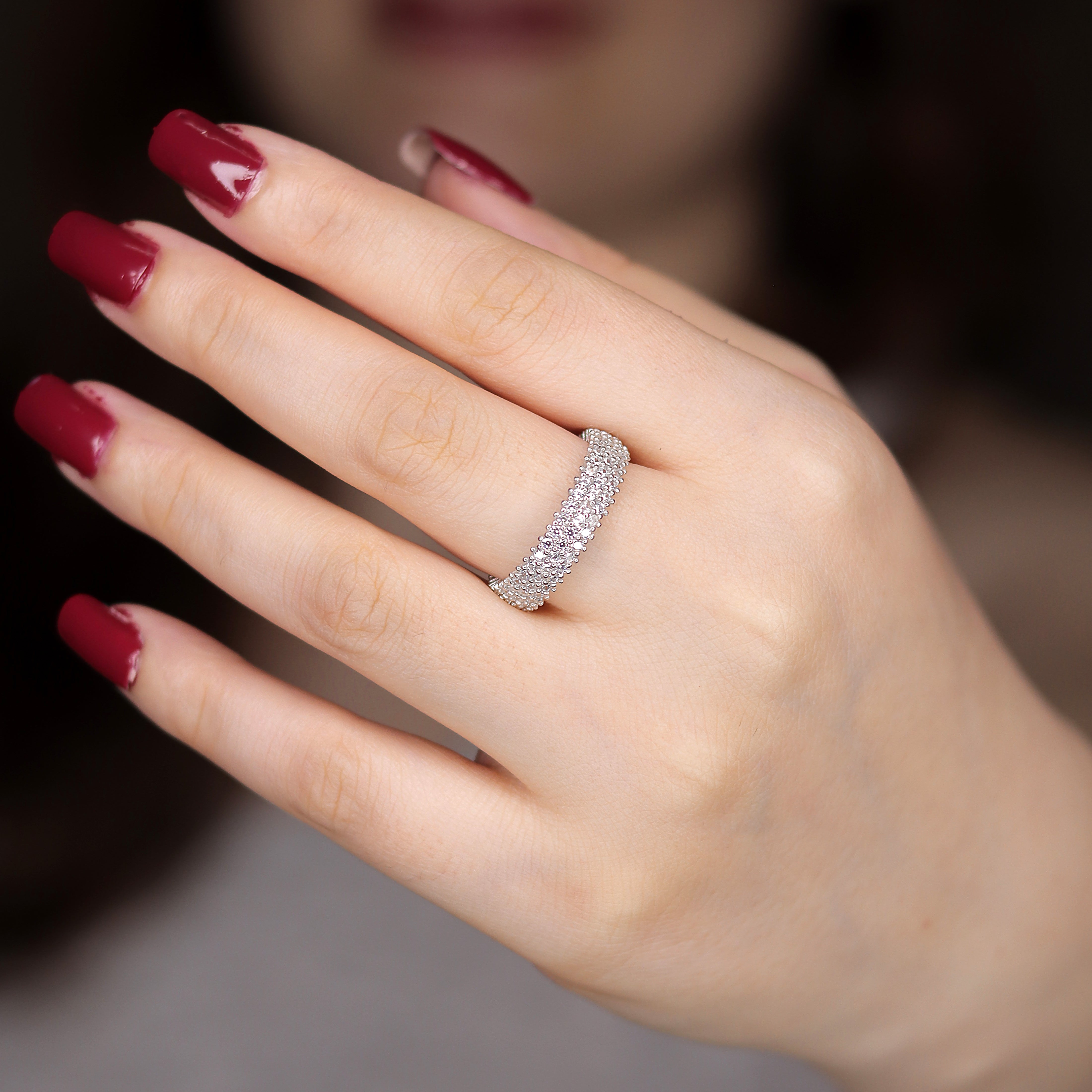 Pave CZ 3 Row Eternity Sterling Silver Band Ring