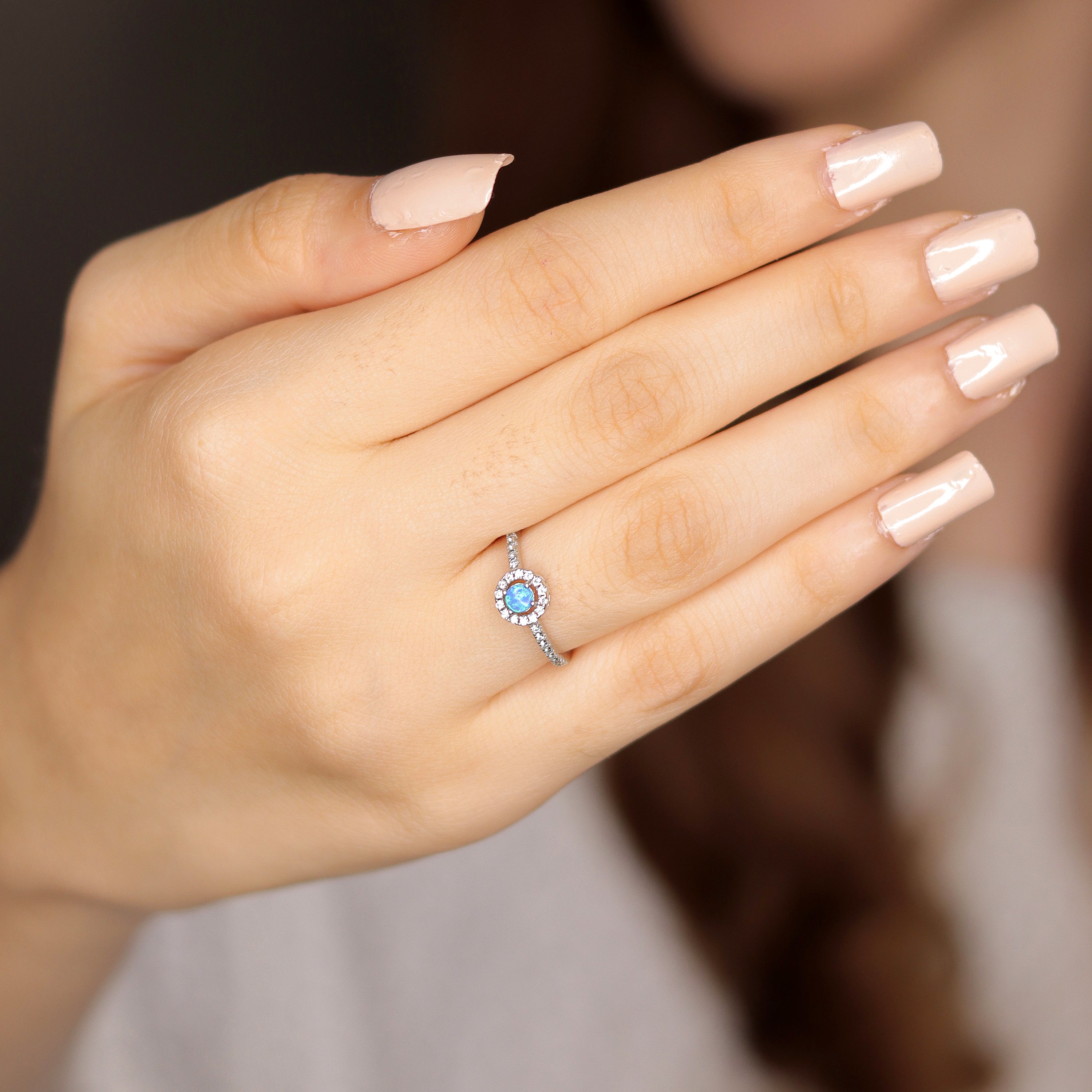 Round Fire Opal/Larimar Halo CZ Sterling Silver Ring