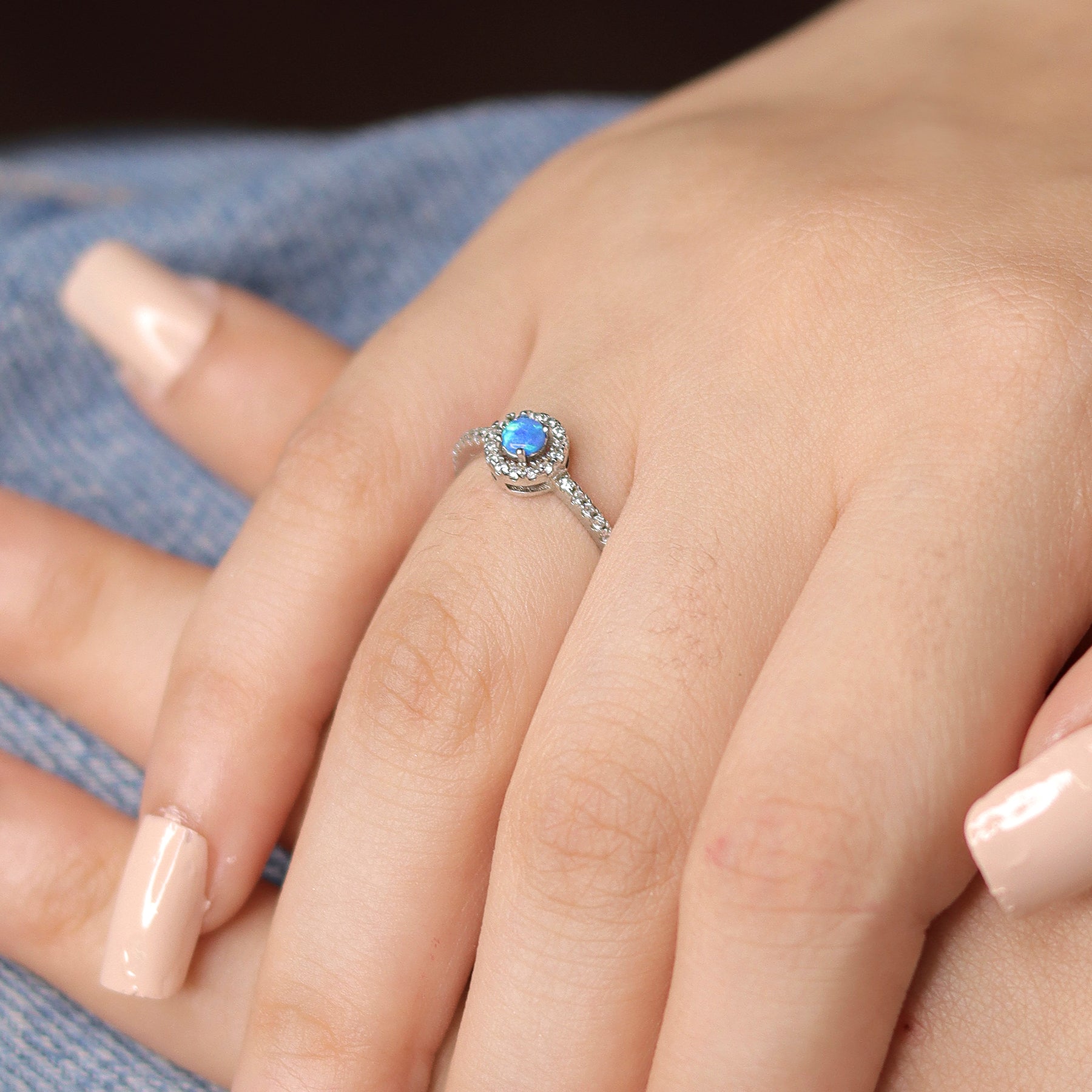 Round Fire Opal/Larimar Halo CZ Sterling Silver Ring