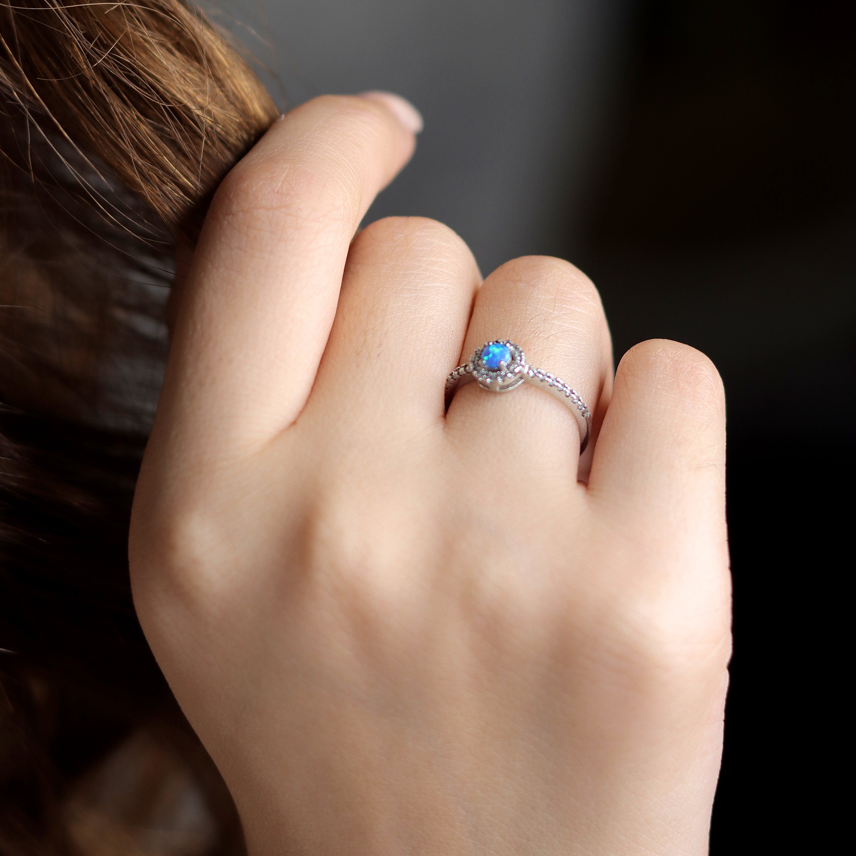 Round Fire Opal/Larimar Halo CZ Sterling Silver Ring