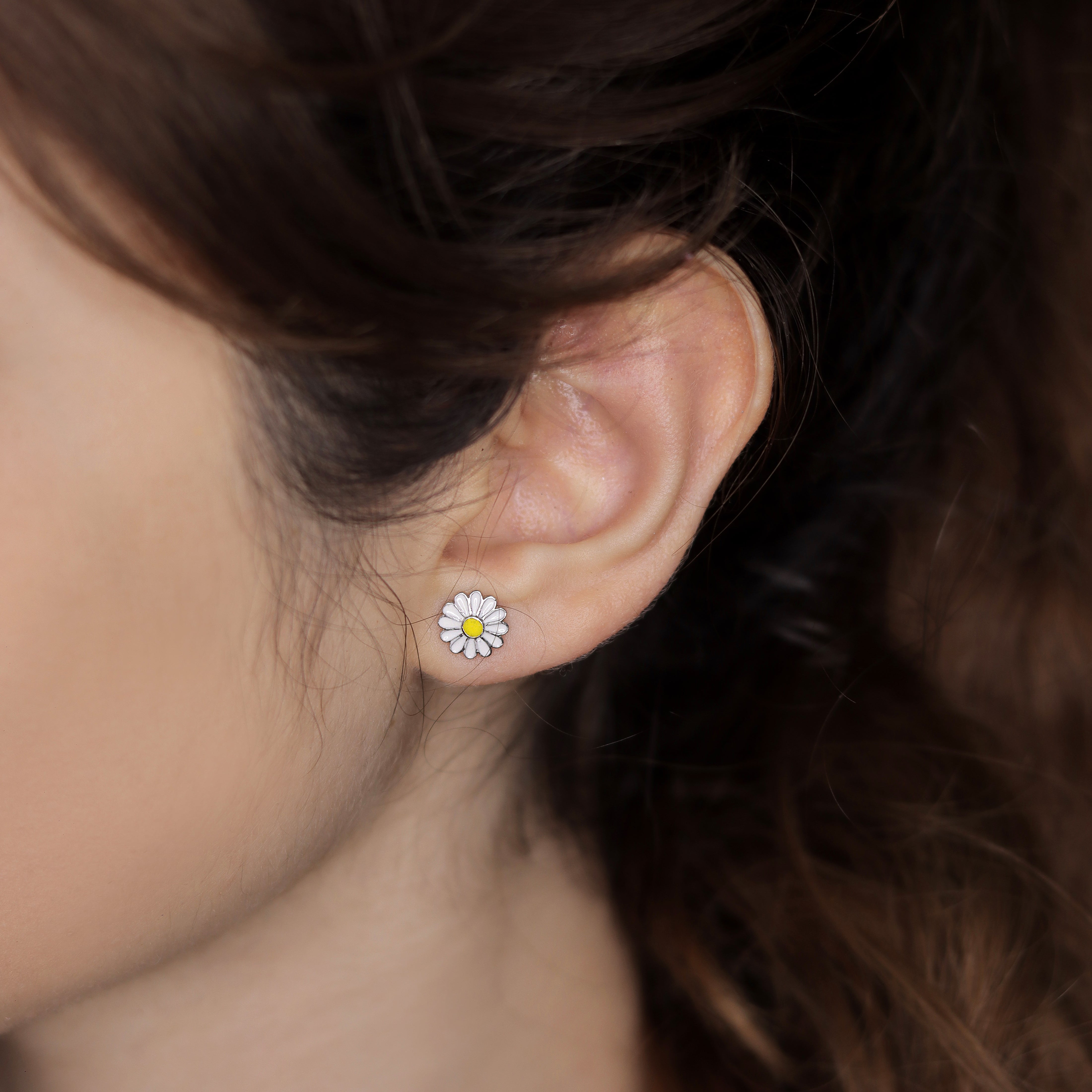 Enamel Daisy Sterling Silver Stud Earrings