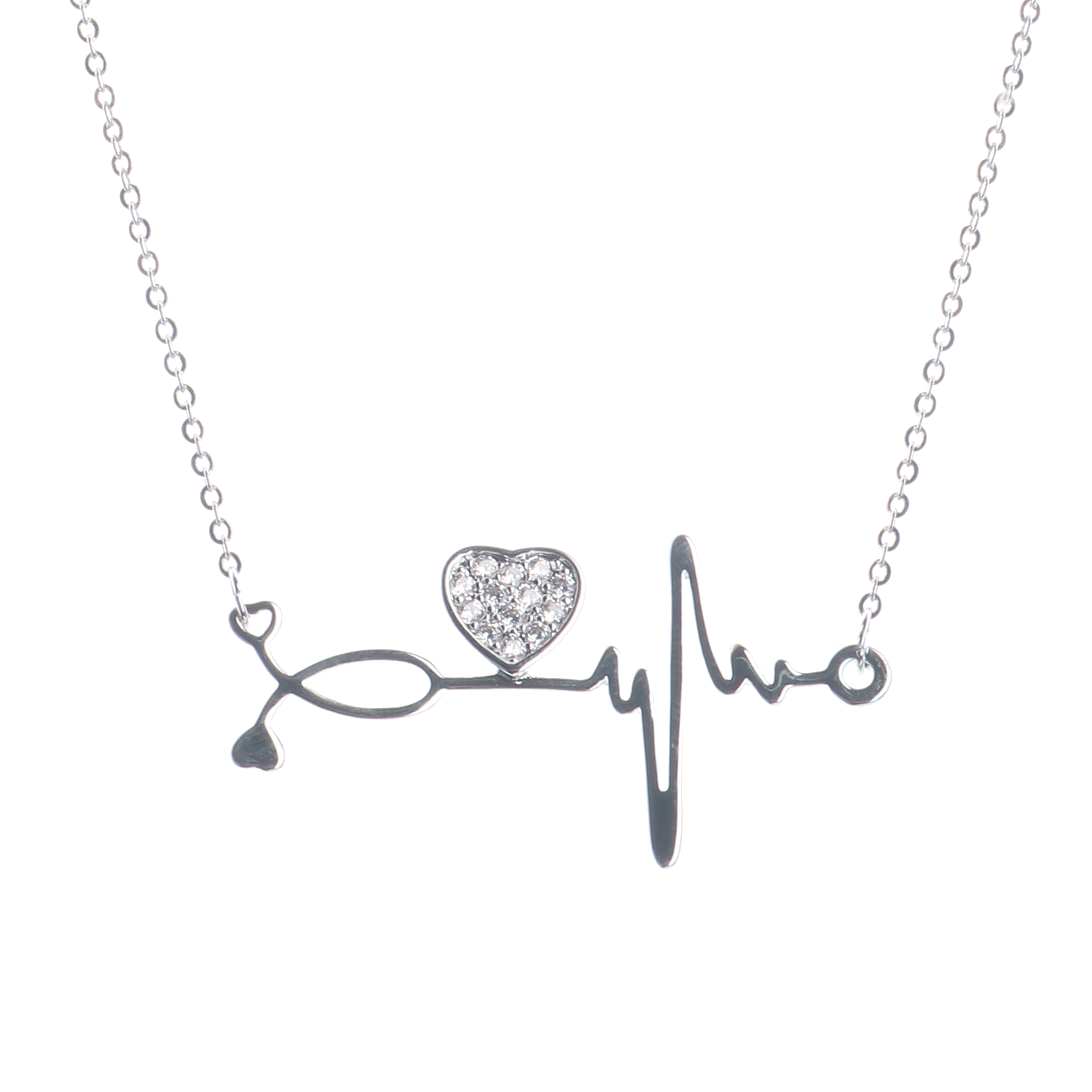 Pave CZ Heart And Heartbeat Necklace Rose Gold Yellow Gold Rhodium