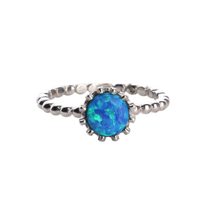 Round Fire Opal/Larimar Crown Beaded Sterling Silver Ring