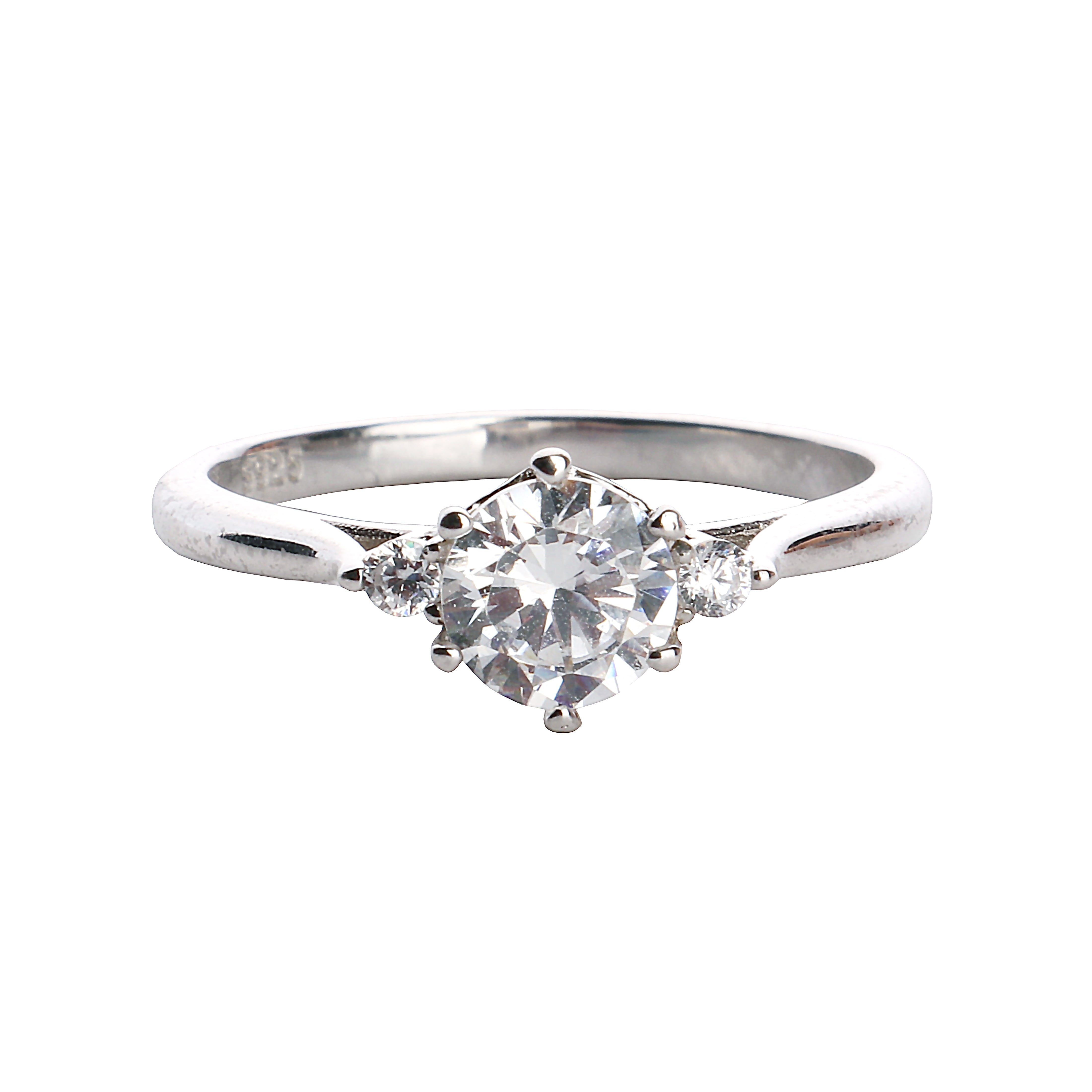 Round CZ Three Stones Sterling Silver Engagement Ring