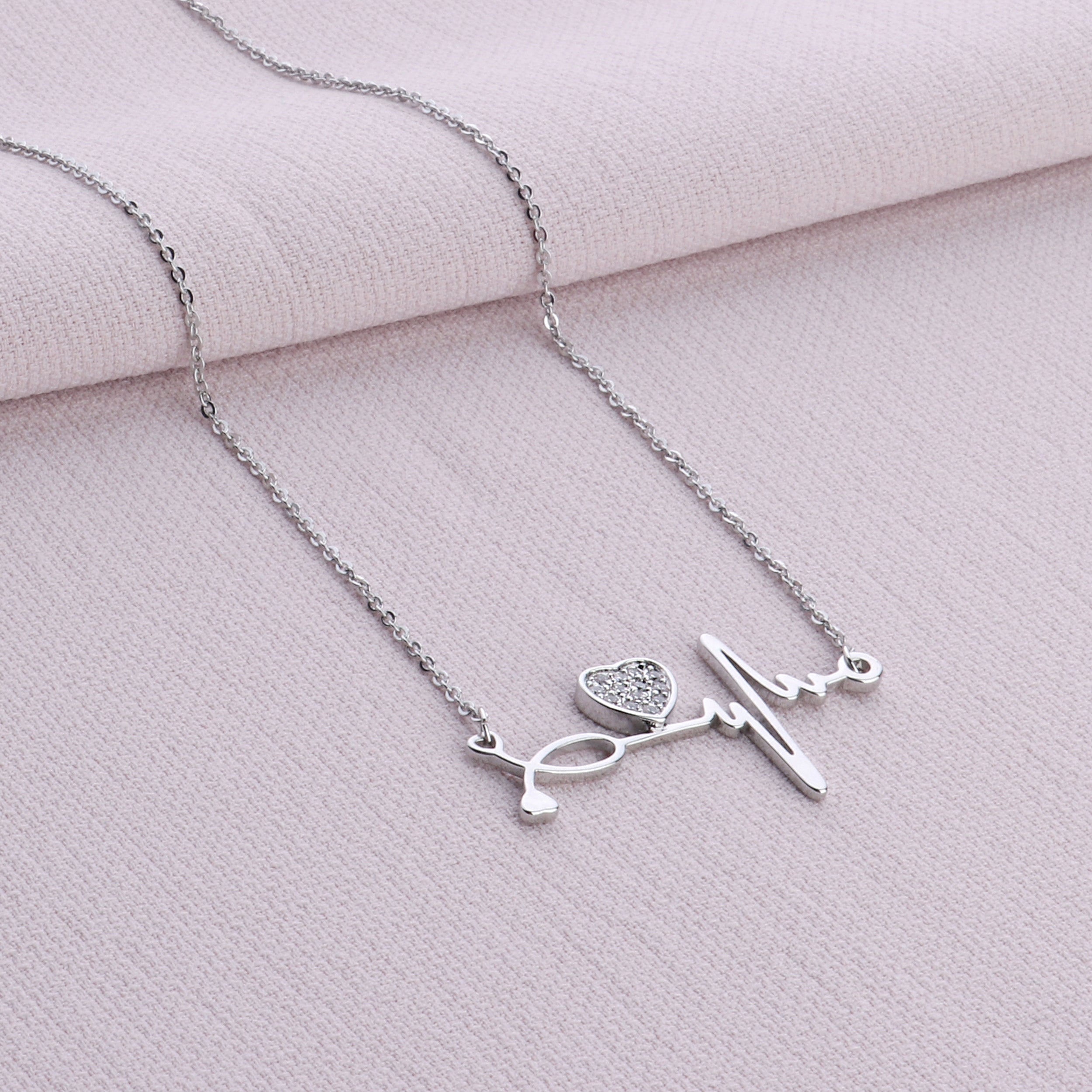 Pave CZ Heart And Heartbeat Necklace Rose Gold Yellow Gold Rhodium
