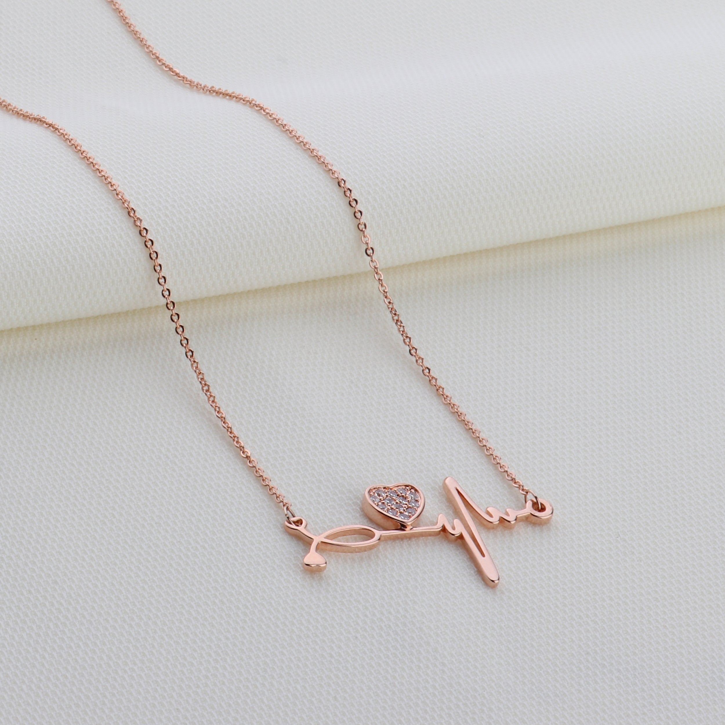 Pave CZ Heart And Heartbeat Necklace Rose Gold Yellow Gold Rhodium