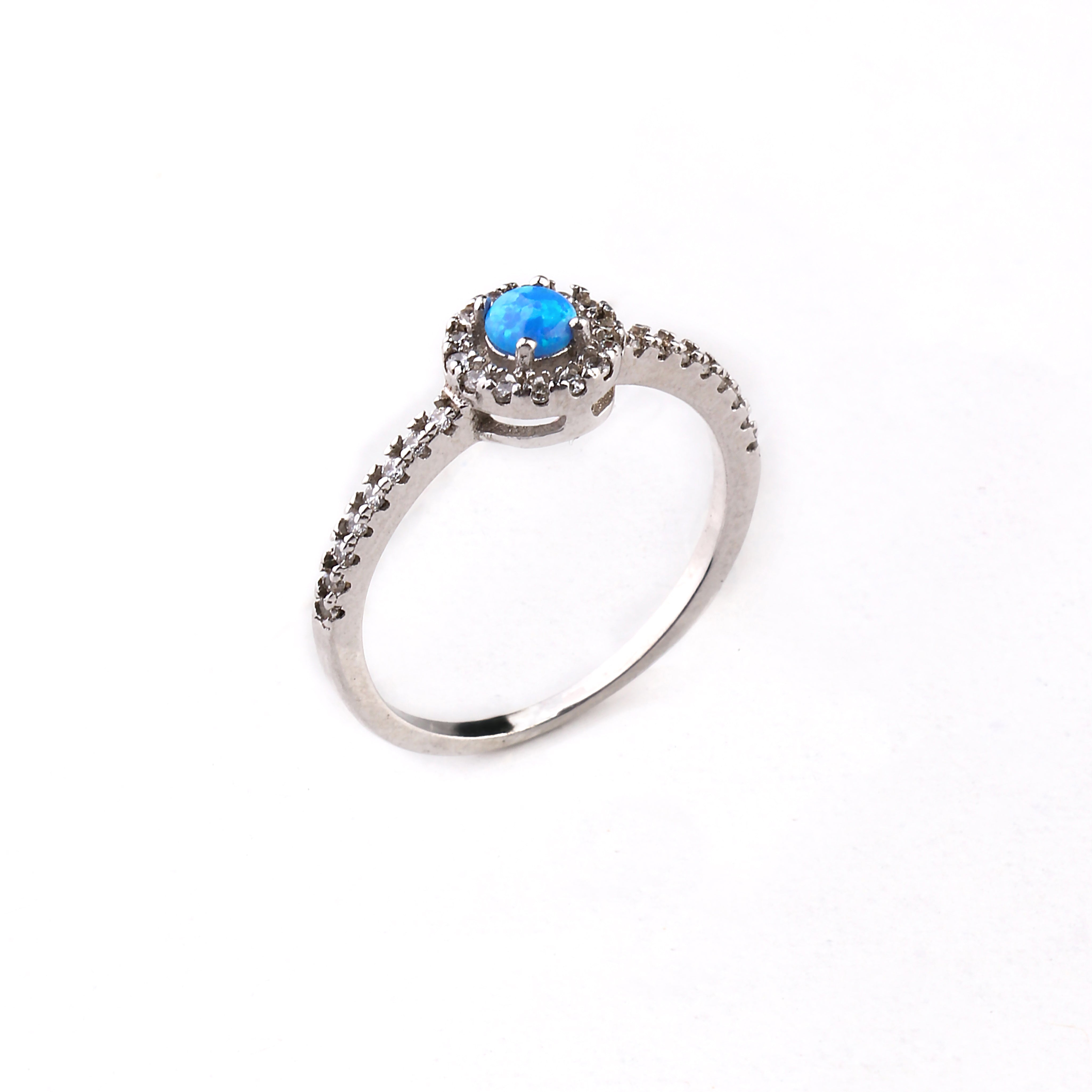 Round Fire Opal/Larimar Halo CZ Sterling Silver Ring