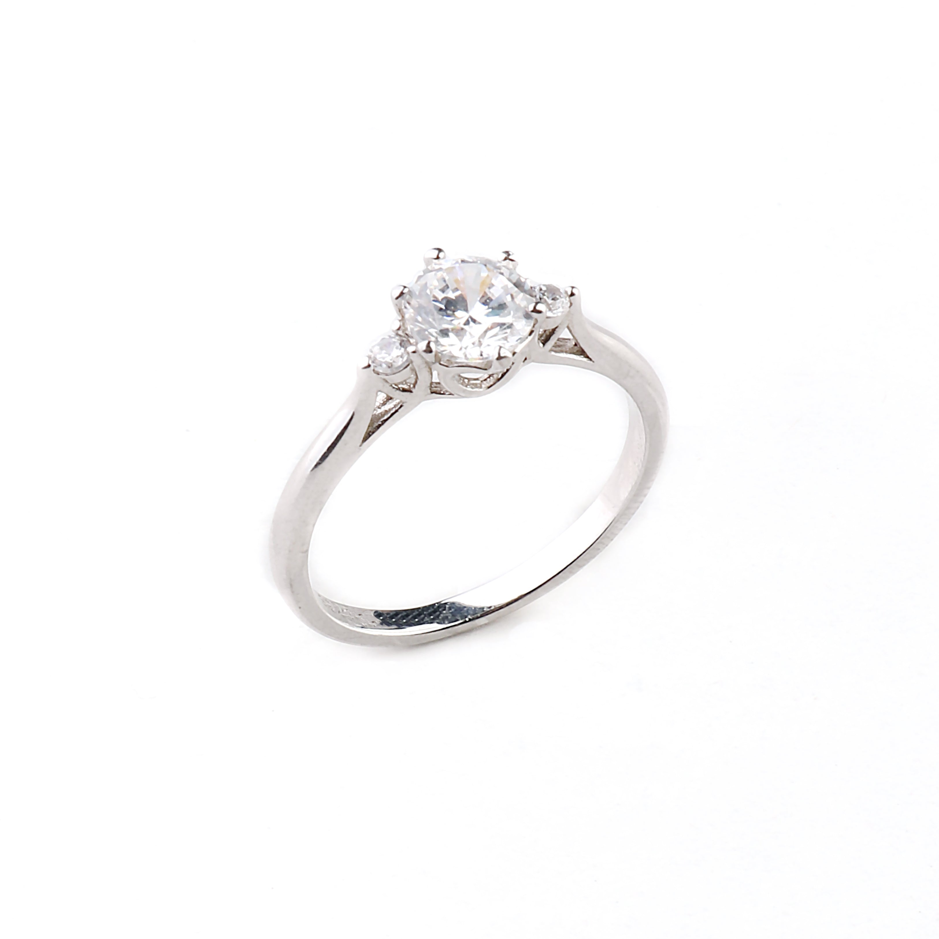Round CZ Three Stones Sterling Silver Engagement Ring