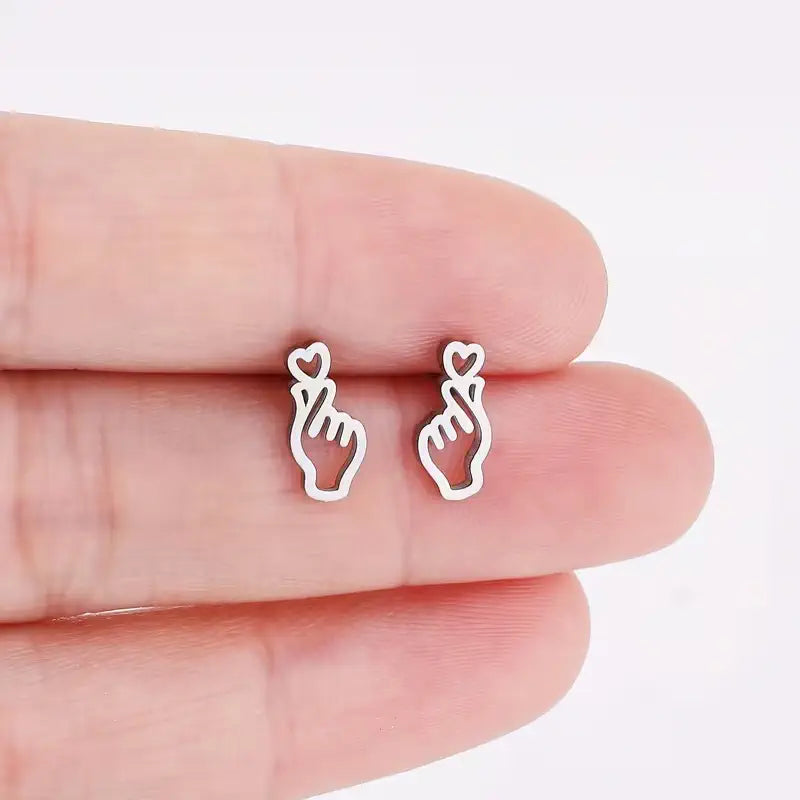 Heart Outline Hand Stud Earrings – 304 Stainless Steel Minimalist Earrings for Women, Cute Everyday Jewelry