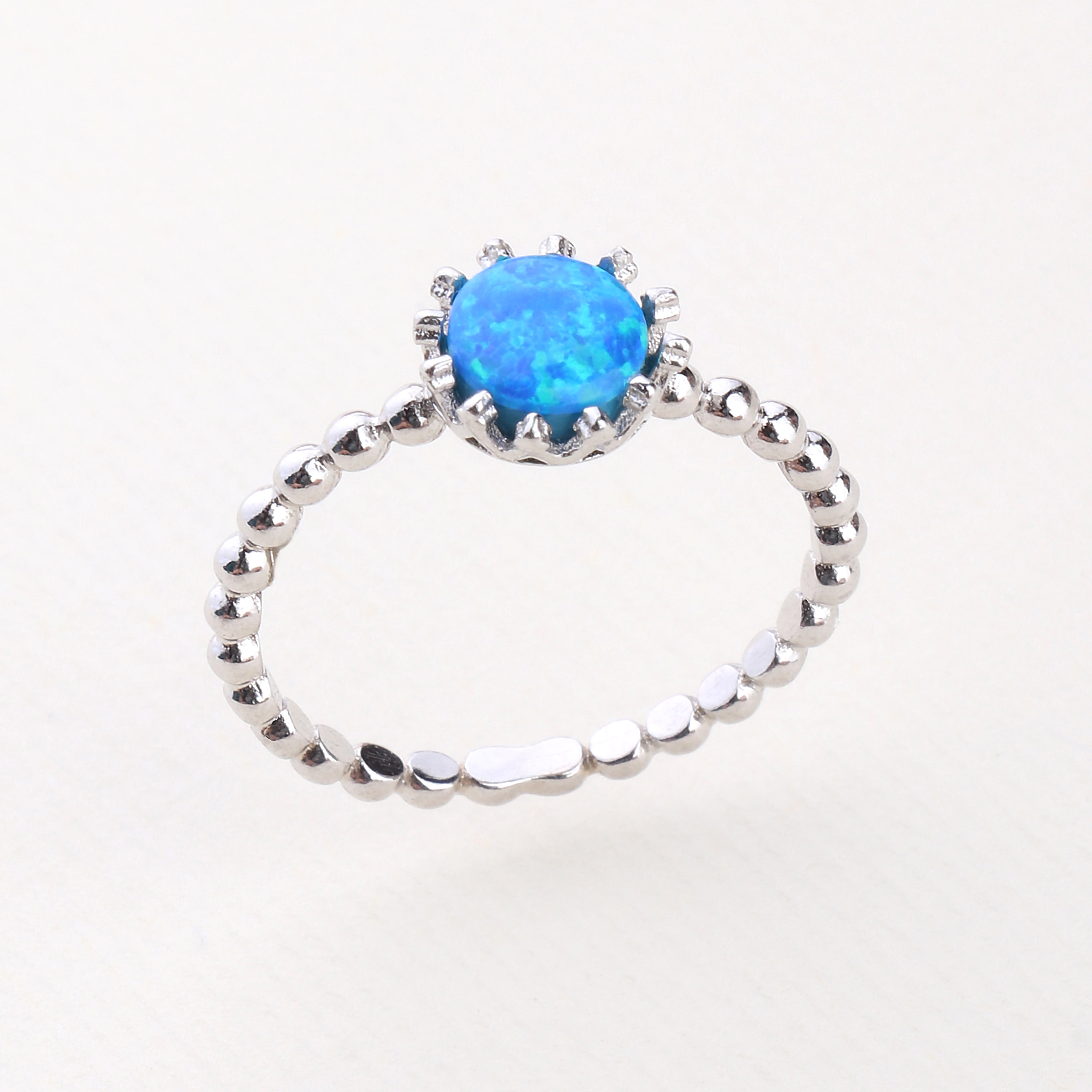 Round Fire Opal/Larimar Crown Beaded Sterling Silver Ring