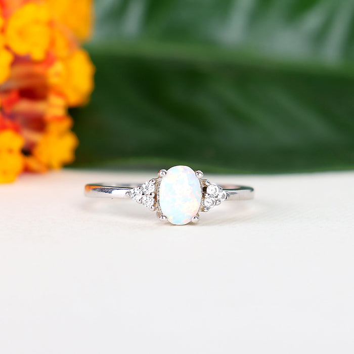 Oval Opal/Larimar Accented With CZ Stones Sterling Silver Ring