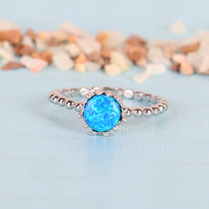 Round Fire Opal/Larimar Crown Beaded Sterling Silver Ring