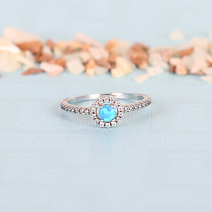 Round Fire Opal/Larimar Halo CZ Sterling Silver Ring