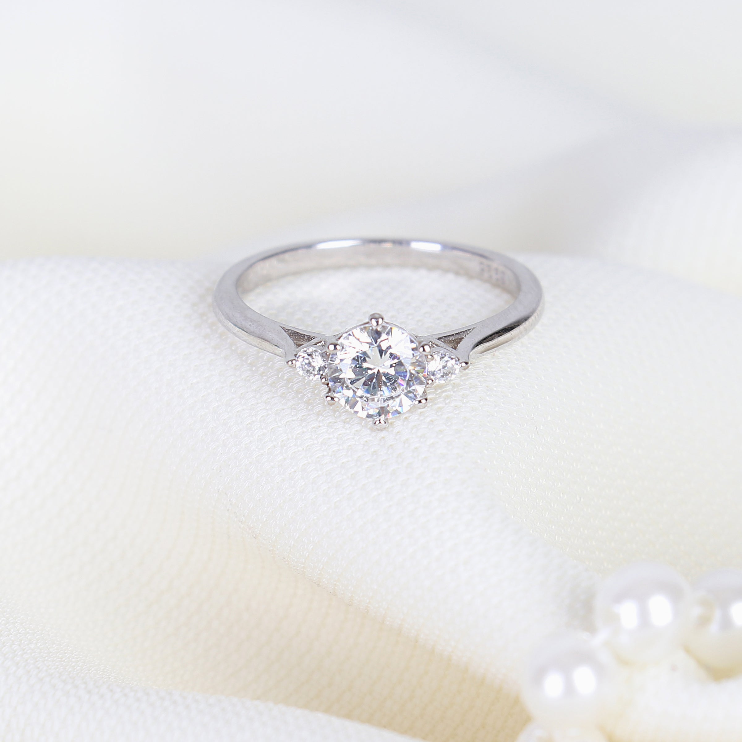 Round CZ Three Stones Sterling Silver Engagement Ring