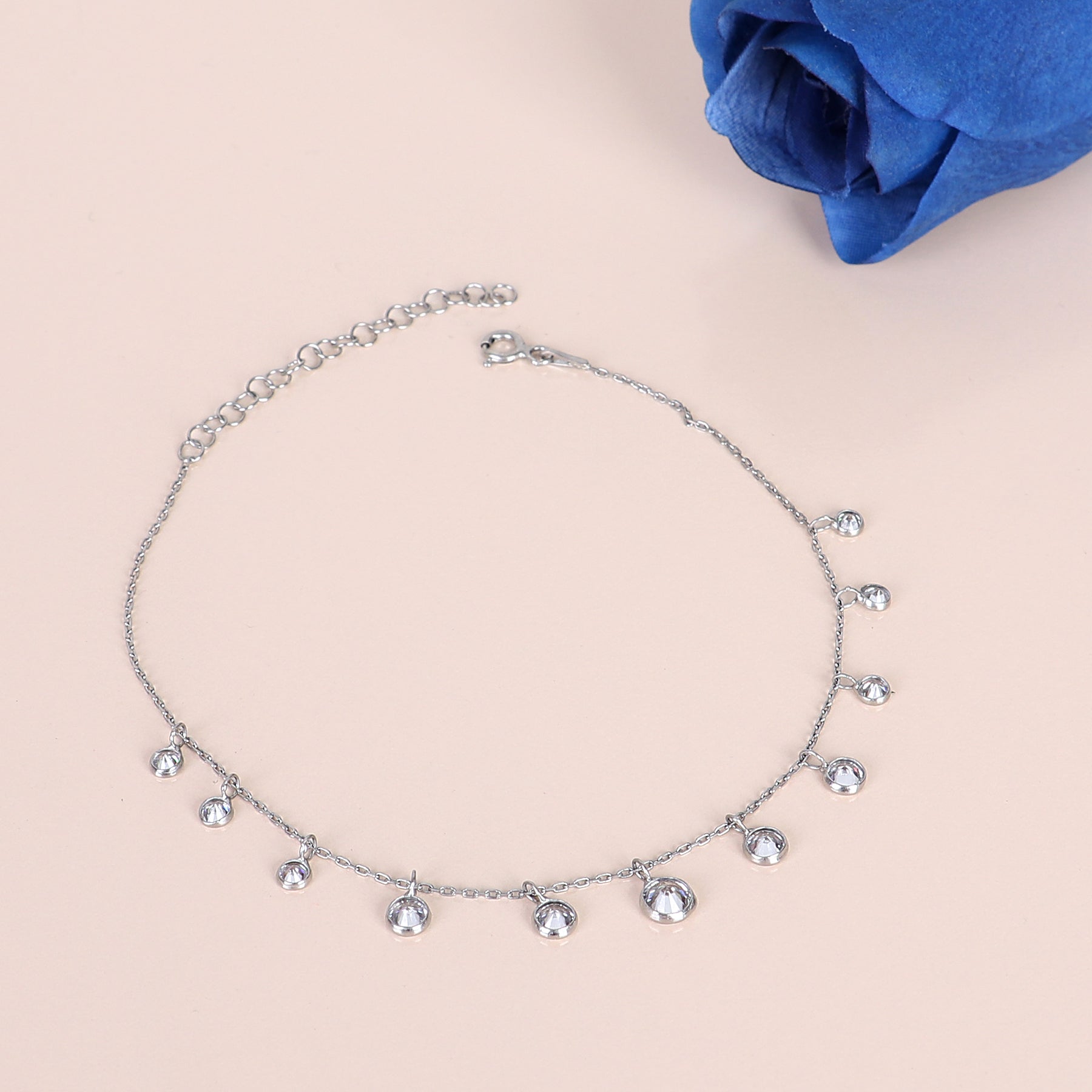 Dangle Round CZ Sterling Silver Anklet