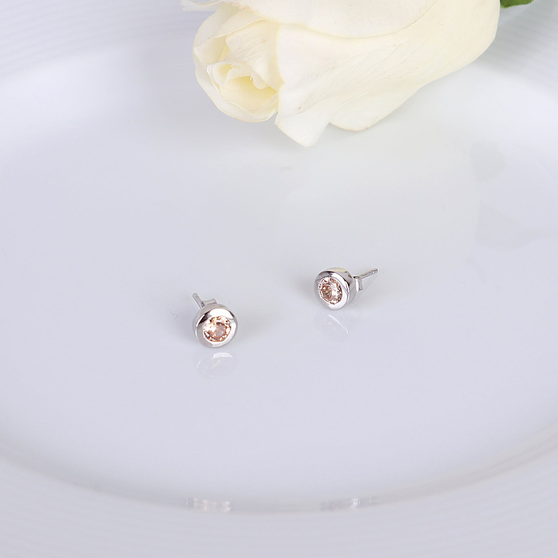 Round Topaz Bezel CZ Sterling Silver Stud Earrings