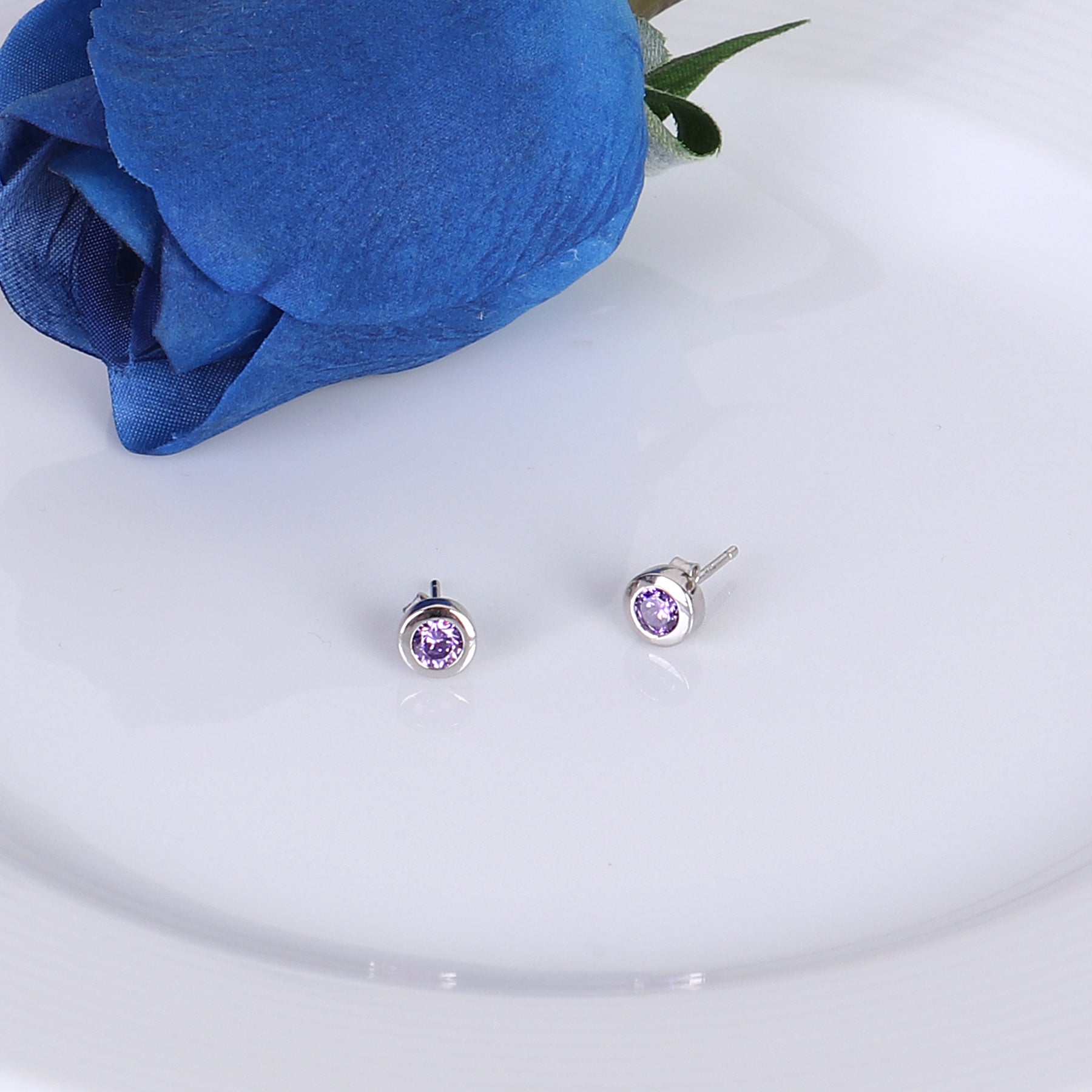 Round Amethyst Bezel CZ Sterling Silver Stud Earrings