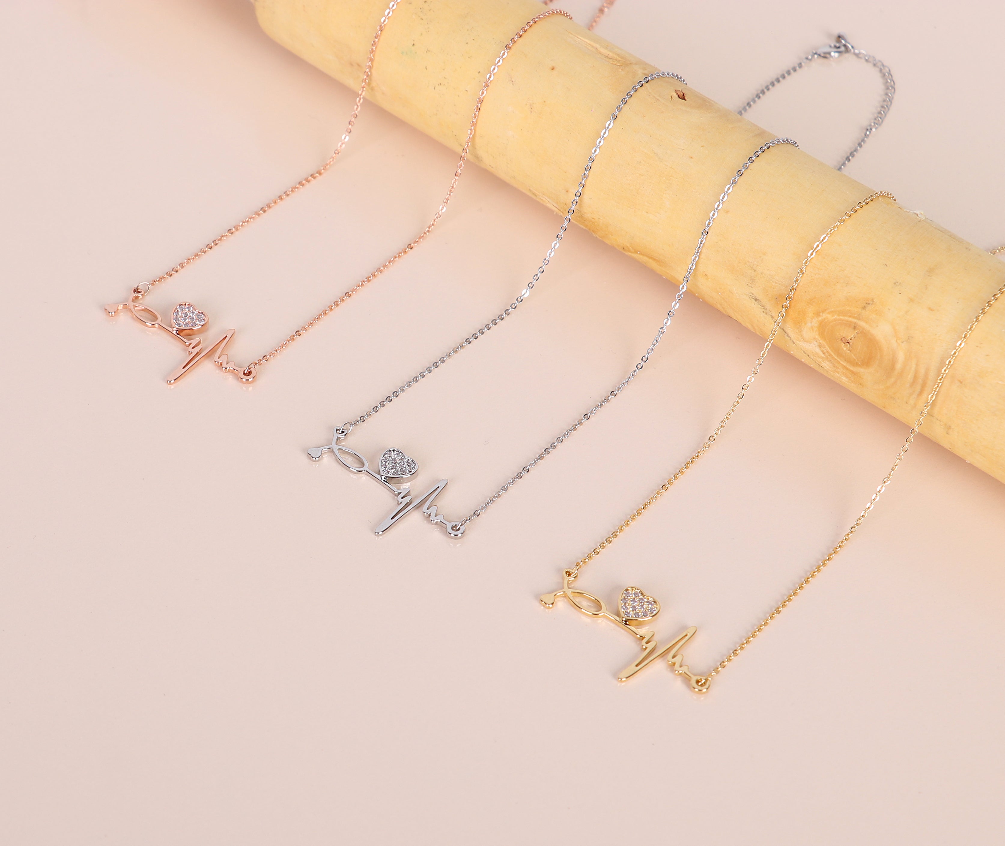 Pave CZ Heart And Heartbeat Necklace Rose Gold Yellow Gold Rhodium
