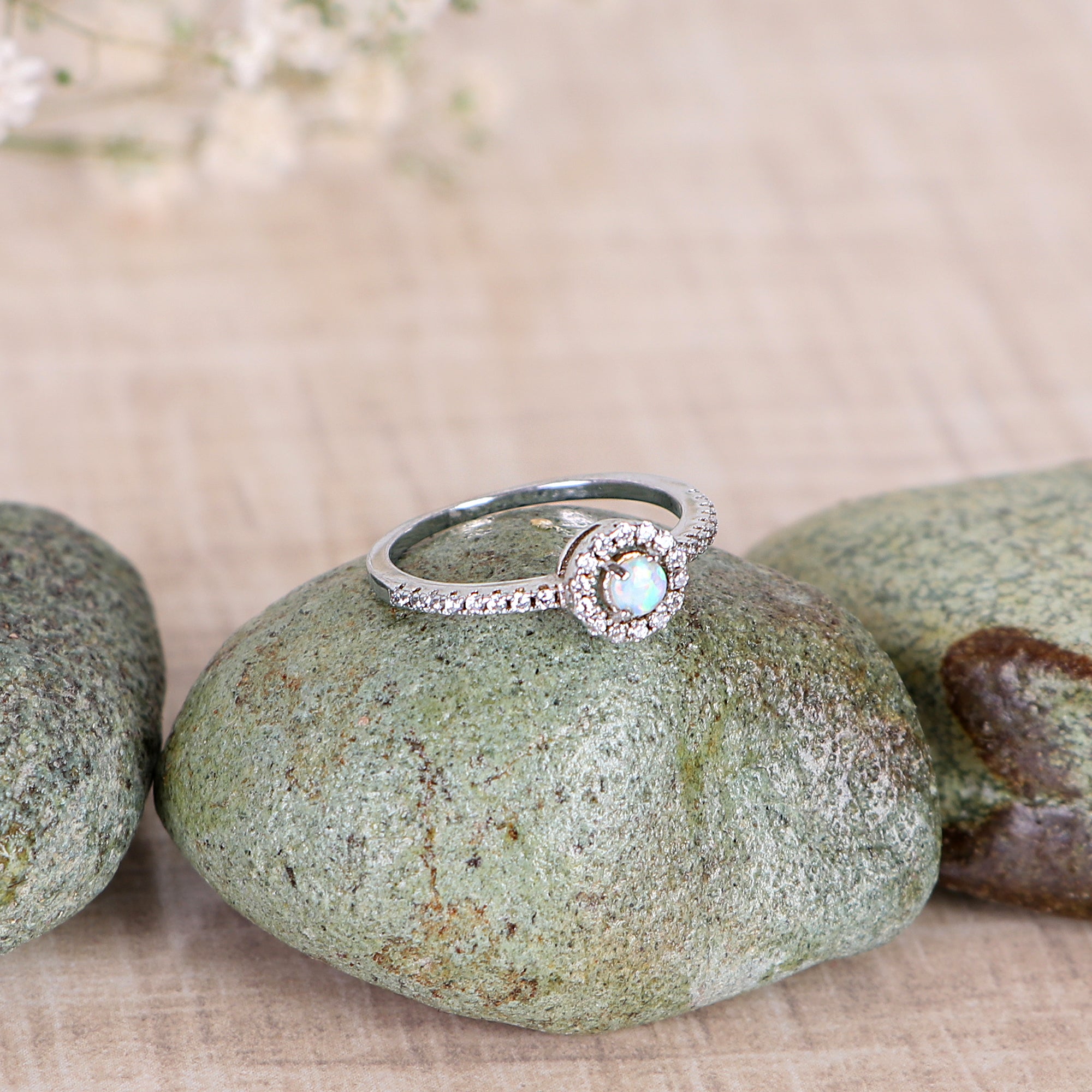 Round Fire Opal/Larimar Halo CZ Sterling Silver Ring