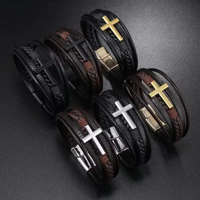 Layered Cross Leather Bracelet with Modern Woven Style