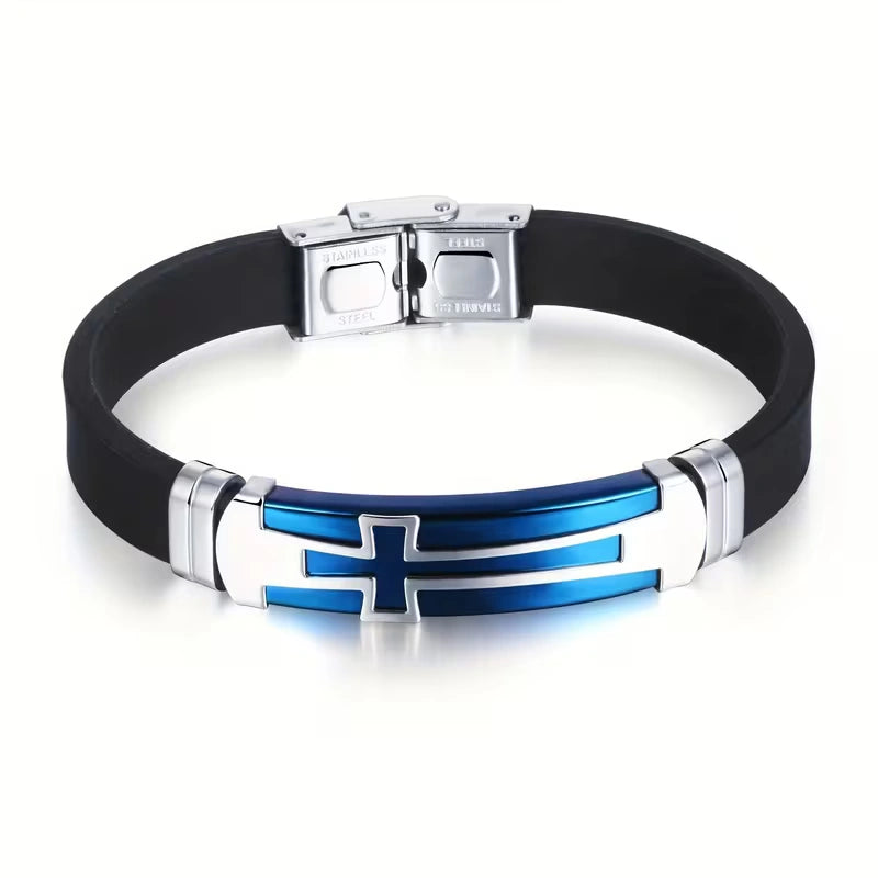 Cross Silicone Bracelet with Modern Stainless Steel Style