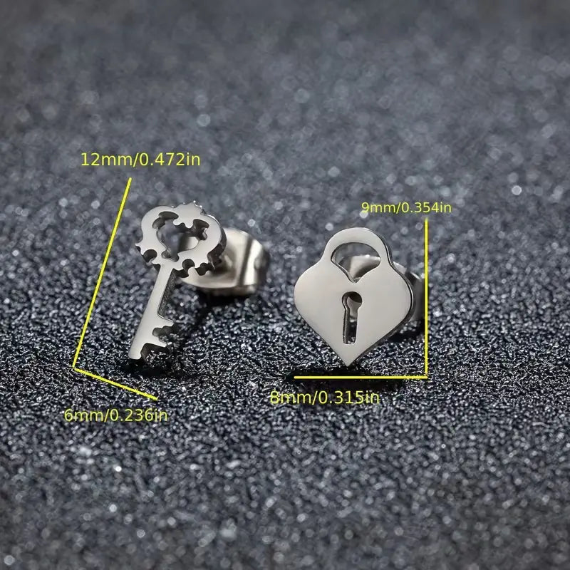Stainless Steel Heart Lock & Key Stud Earrings – Romantic Minimalist Jewelry for Everyday Style and Gifting