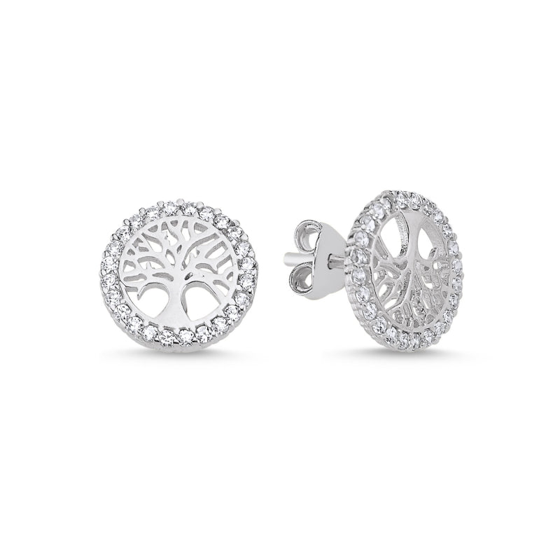 925 Sterling Silver Tree of Life CZ Stud Earrings – Sparkling Symbolic Jewelry for Women, Spiritual Nature-Inspired Gift