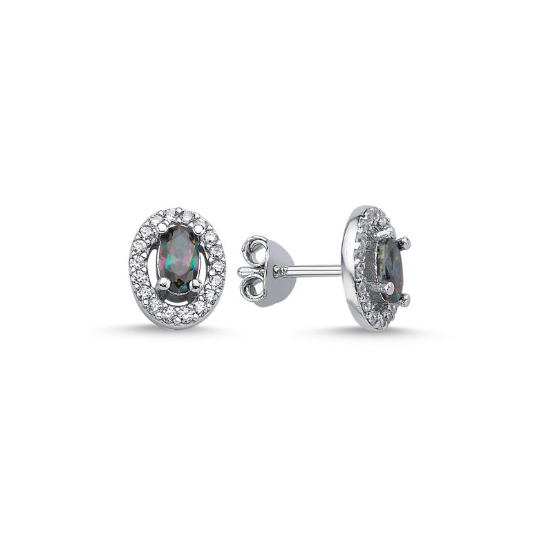 Oval Mystic Topaz CZ Halo Sterling Silver Stud Earrings