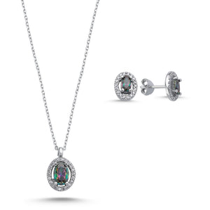Oval Mystic Topaz CZ Halo Sterling Silver Jewelry Set