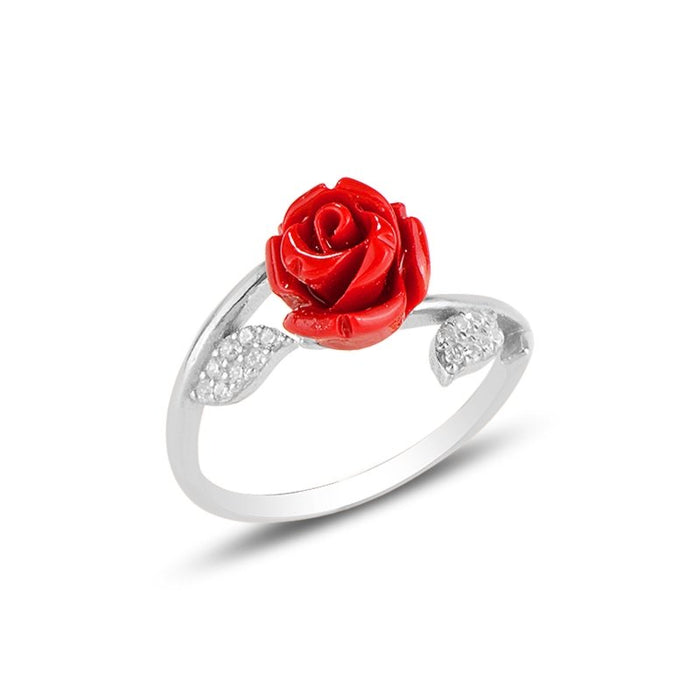 Red Rose Flower CZ Sterling Silver Adjustable Ring