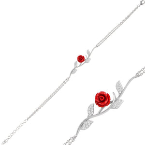 Red Rose Flower CZ Sterling Silver Bracelet