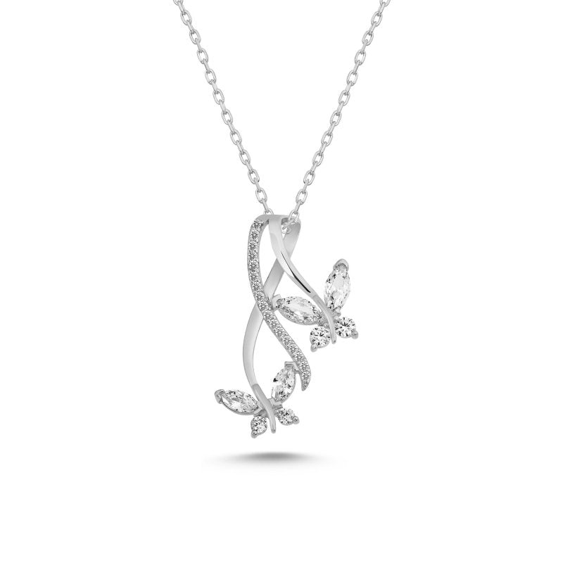 Colored CZ Two Butterfly Sterling Silver Necklace
